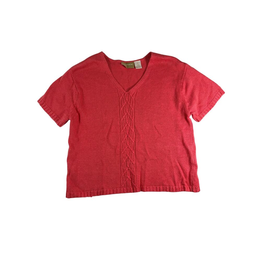 Vtg Liz Claiborne Lizwear Linen Cotton Short Sleeve Sweater V Neck Coral Pink L